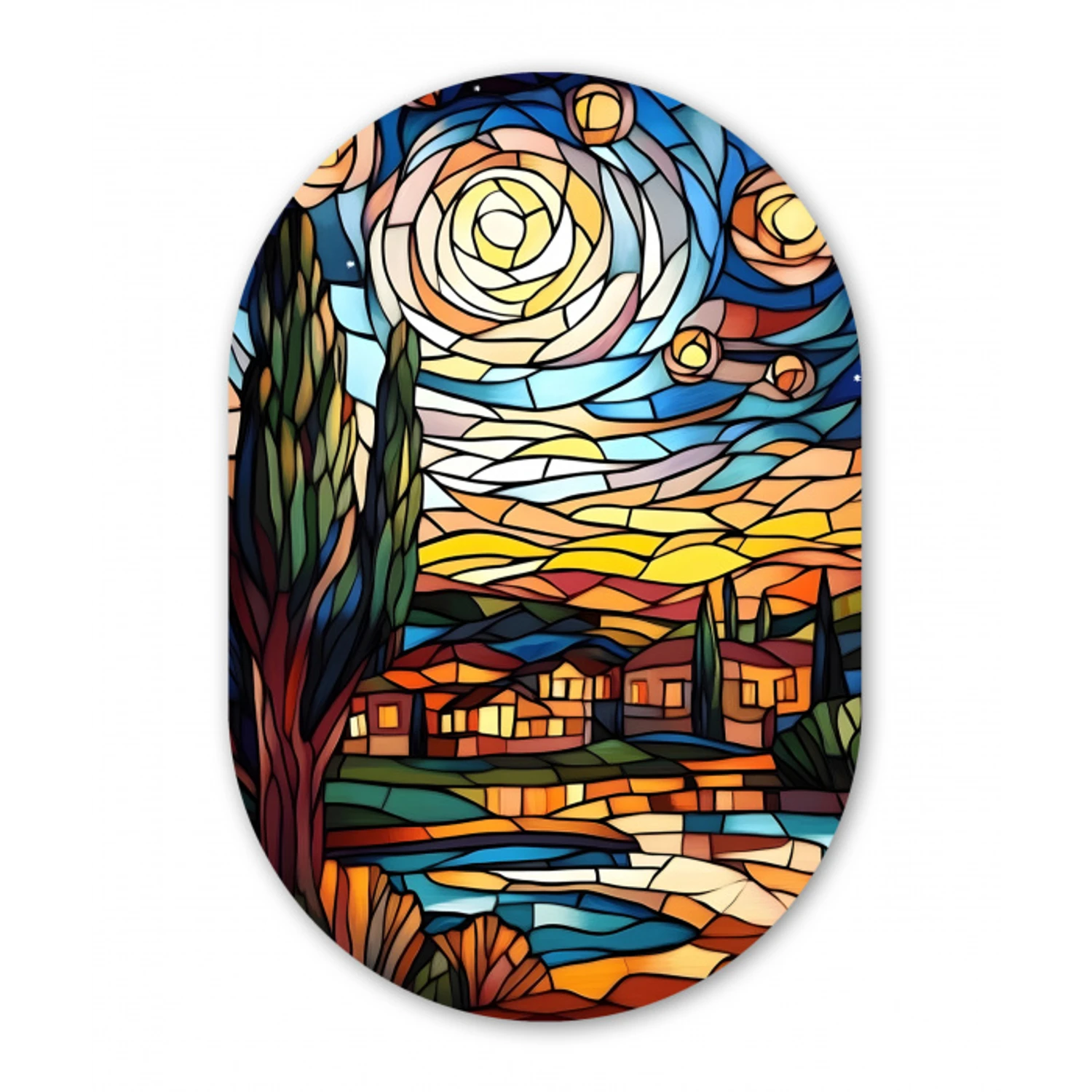Hemel - Sterren - Mozaïek - Huizen Wandcirkel Ovaal Glas middel -3d