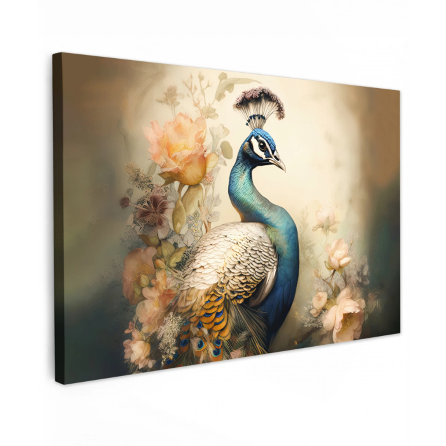 Pauw - Pauwenveren - Bloemen - Vogels - Botanisch canvas 2cm klein -z3d