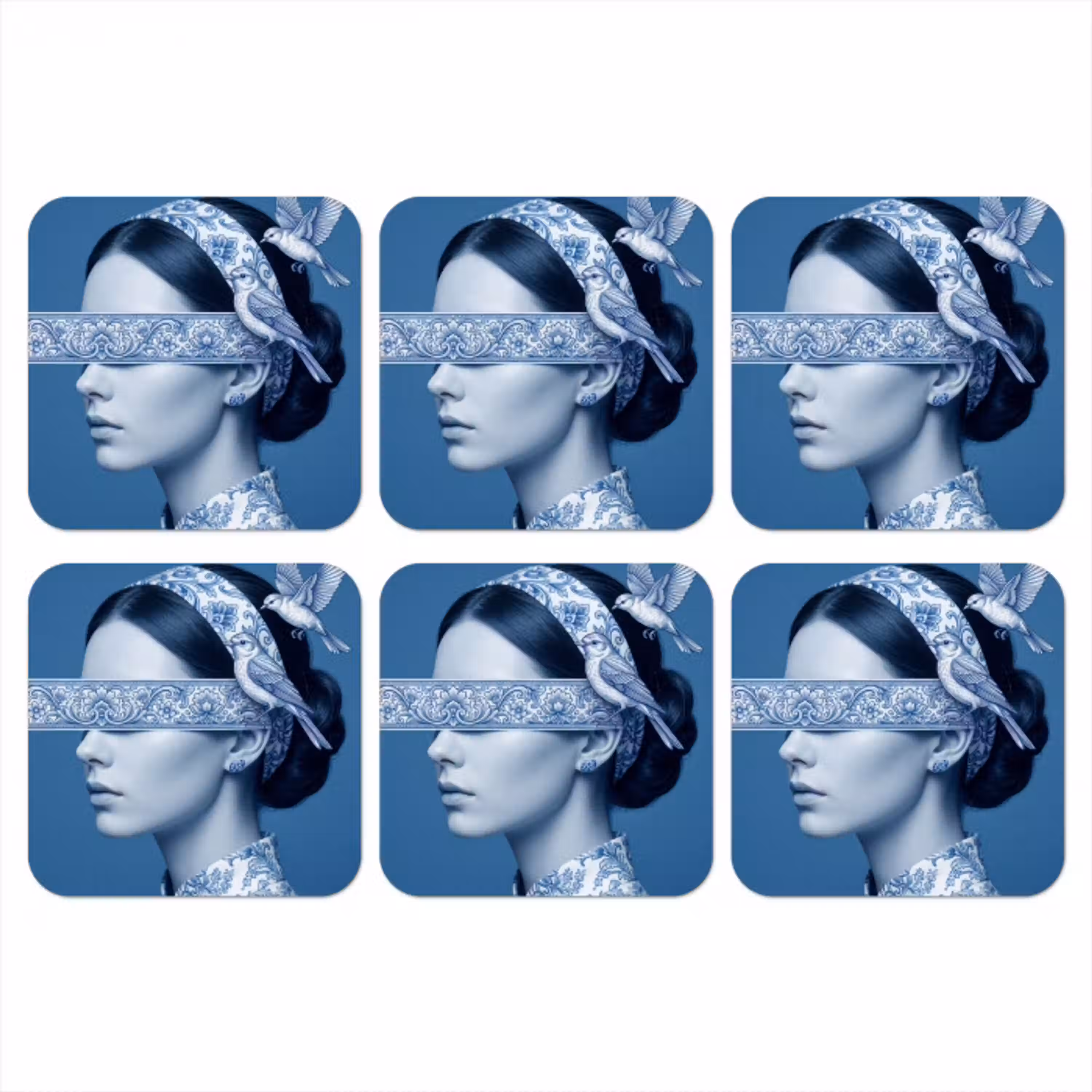 Portret - Klassiek - Wit - Blauw onderzetter kurk middel -3d
