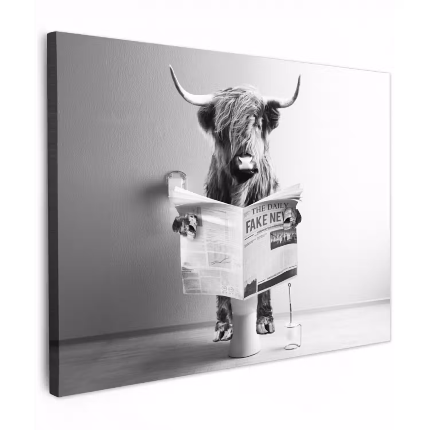 Leinwandbild - WC - Toilette - Zeitung - Schottischer Highlander - Schwarz und Weiß