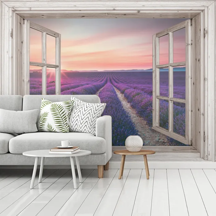 Doorkijk - Lavendel - Bloemen - Hout - Zonsondergang - Paars fotobehang vinyl groot -woonkamer