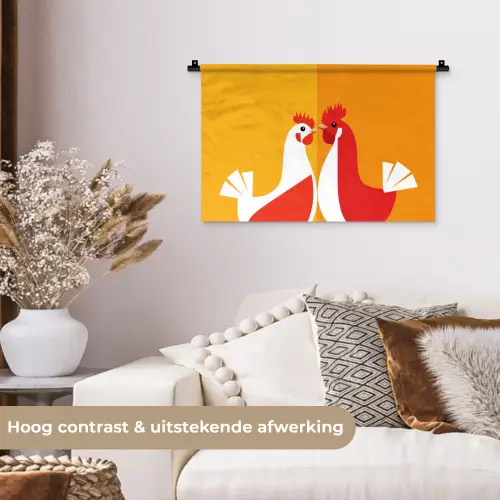 Kippen - Oranje - Vlakken Wandkleed katoen klein -sfeer1