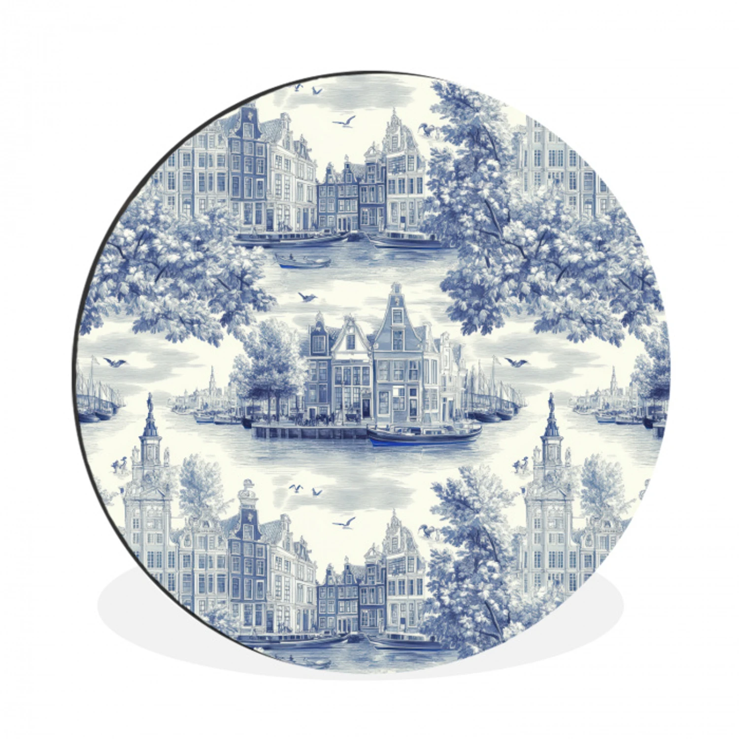 Huizen - Bomen - Water - Vogels - Blauw Wandcirkel aluminium klein 190 -3d