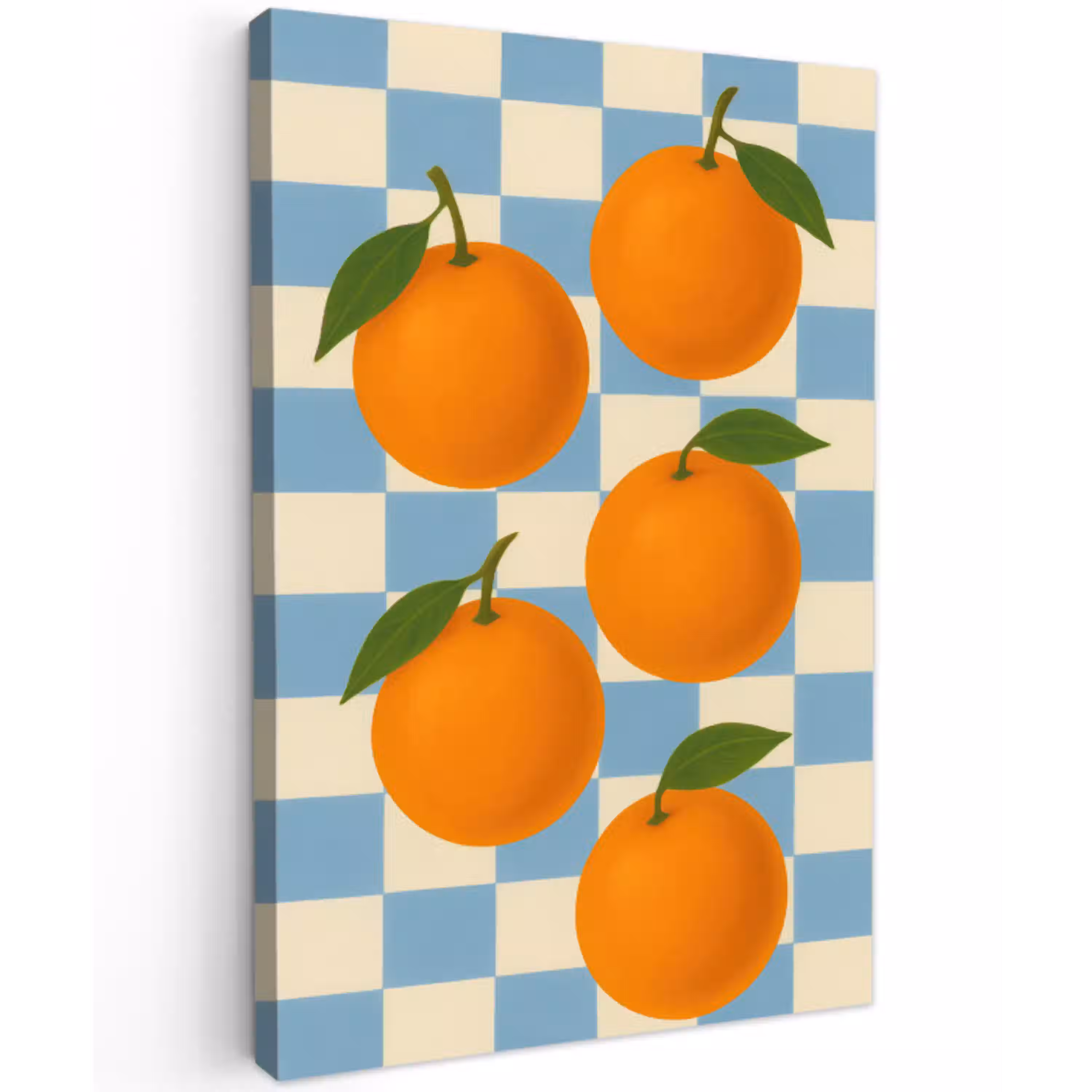 Sinaasappels - Blaadjes - Geblokt - Blauw Tuinposter op houten frame 2 cm dik middel -3d