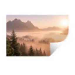 Zonlicht - Mist - Bergen - Bomen Muursticker klein -3d