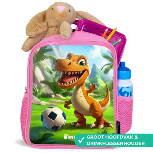 Dino met een voetbal in groen landschap Kinderrugzak - Roze middel -inhoud_NL