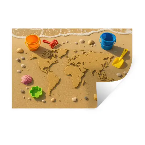 Wereldkaart - Zand - Kleurrijk - Zomer Muursticker klein -3d