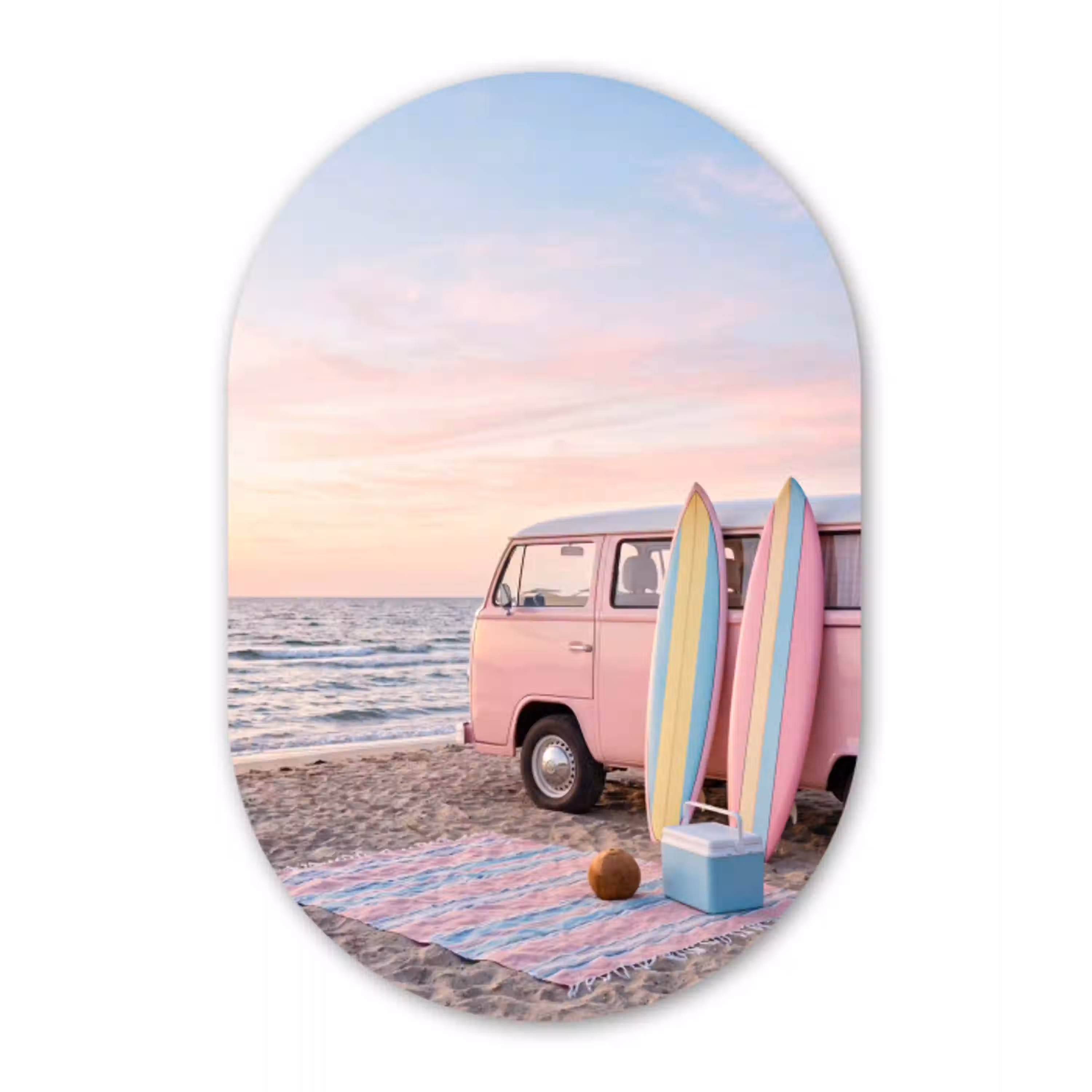 Busje - Strand - Surfplank - Zomer - Roze Wandcirkel Ovaal Aluminium middel -3d