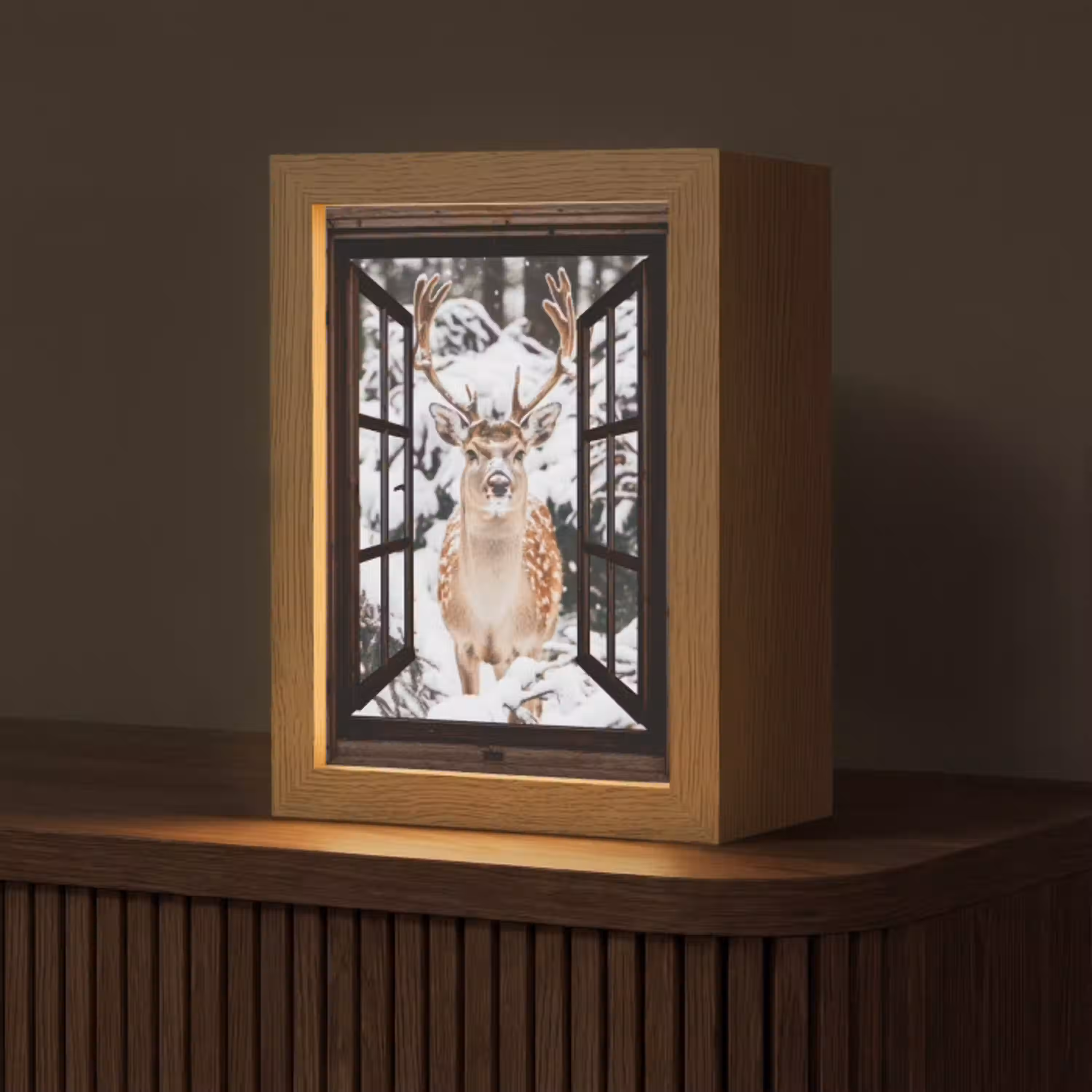 Hert - Sneeuw - Winter - Bos - Dieren - Doorkijk Light Box met kabel (Tafellamp) klein -z3d_website