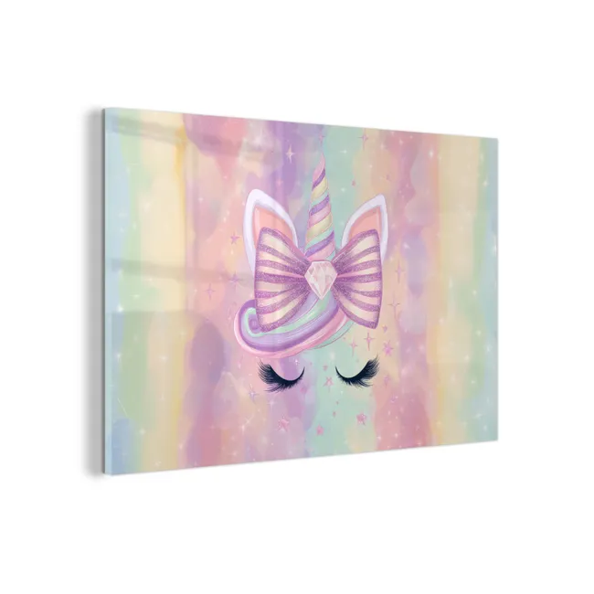 Glas schilderij - Eenhoorn - Glitters - Regenboog - Pastel