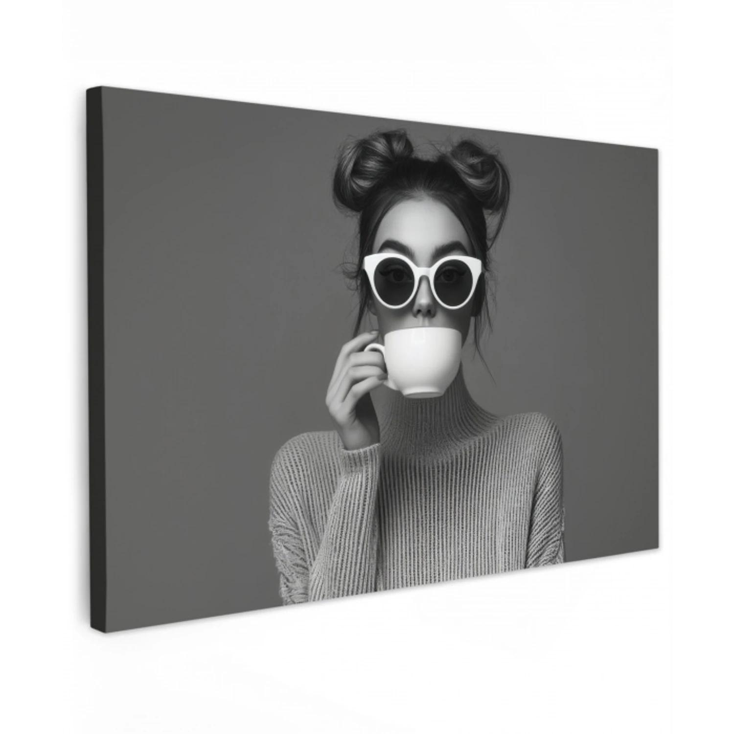 Vrouw - Koffie - Zwart - Wit Tuinposter op houten frame 2 cm dik klein -3d