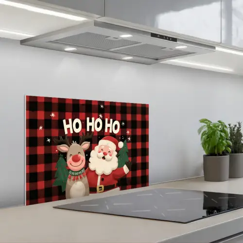 Kerstman - Rendier - Tekst - Rood - Zwart keuken achterwand spatscherm klein -3d_schuin