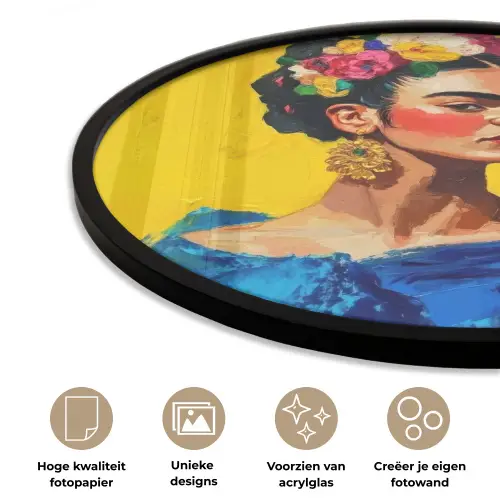 Frida Kahlo - Vrouw - Geel - Blauw - Bloemen Fotolijst rond zonder passe partout klein -closeup_NL