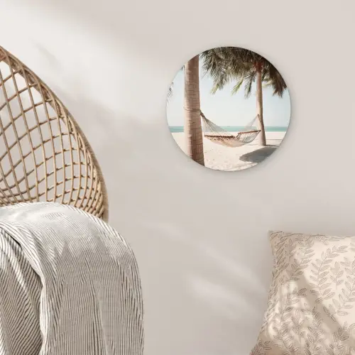 Hangmat - Palmbomen - Strand - Zee Wandcirkel kunststof plaat 5mm dik klein -sfeer5