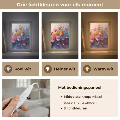 Bloemen - Paars - Kleurrijk - Handgeschilderd - Kunst Light Box met kabel (Tafellamp) klein -USP_lichtkleurNL