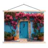 Deur - Hout - Bloemen - Blauw textielposter latten blank klein -3d