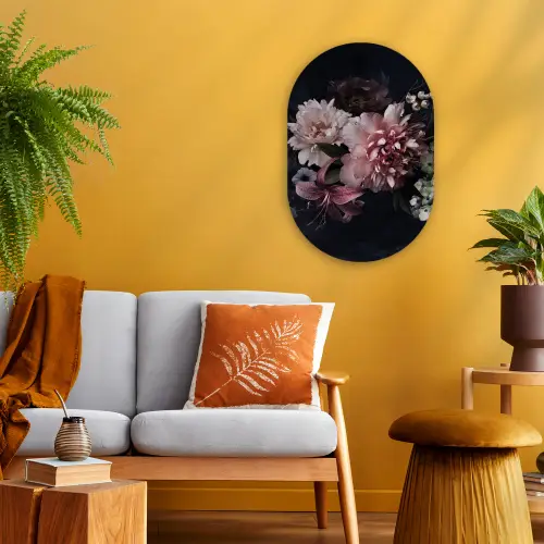 Bloemen - Vintage - Pastel - Zwart - Boeket Wandcirkel Ovaal Forex klein -sfeer4