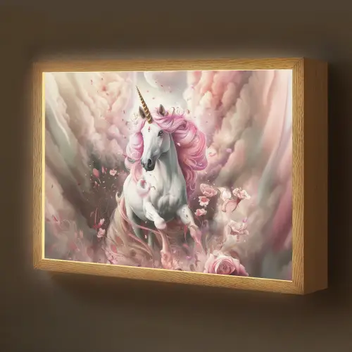 Eenhoorn - Meisje - Roze - Bloemen - Sprookje Light Box met batterij (Wandlamp kind) middel -z3d_website