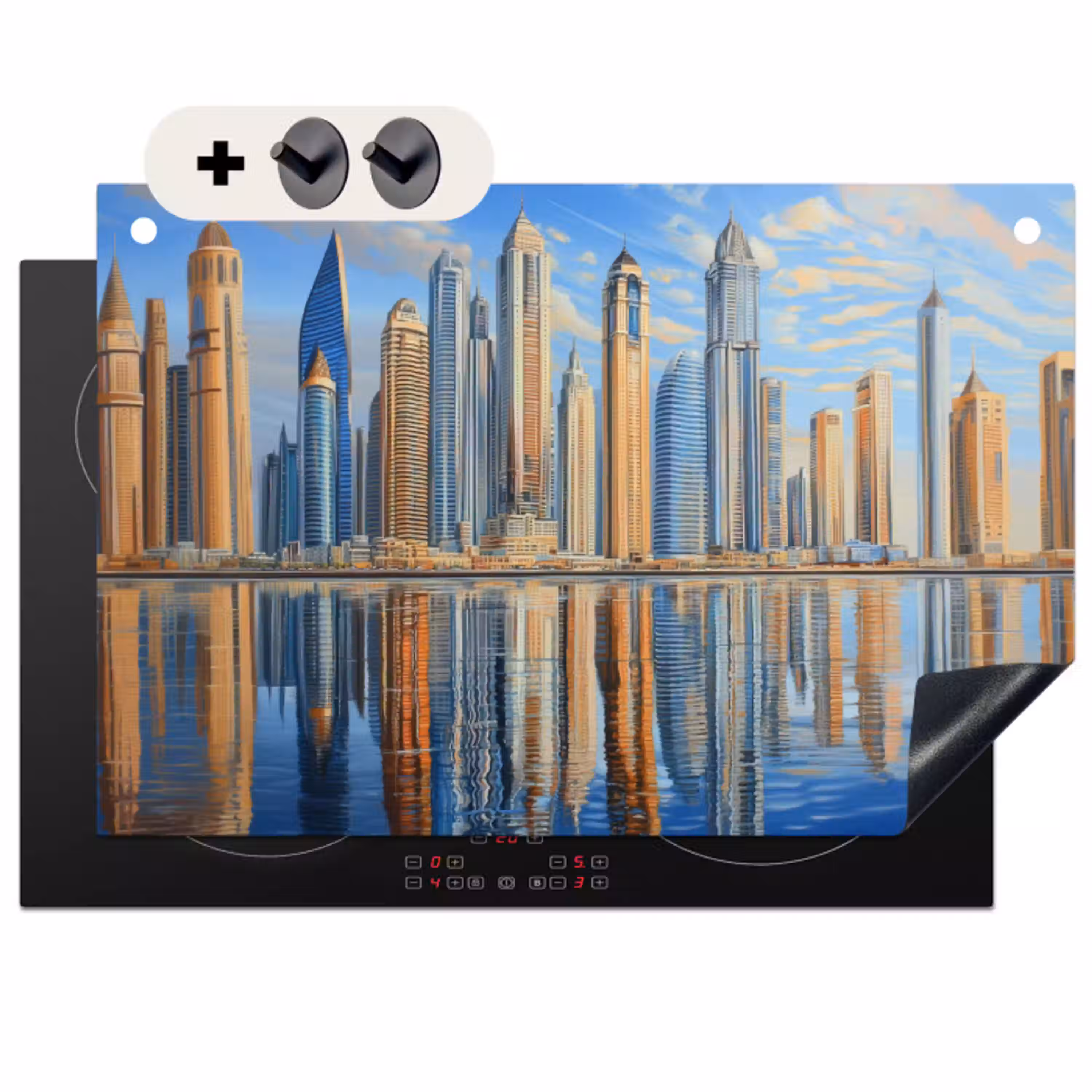 Skyline - Wolkenkrabbers - Water - Blauw Inductie beschemer met haakjes klein -3d