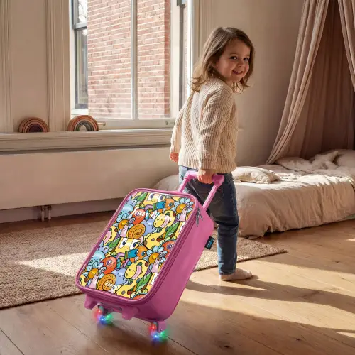 Cartoon van verschillende wezens en gezichten Kinderkoffer - Roze klein -sfeer1