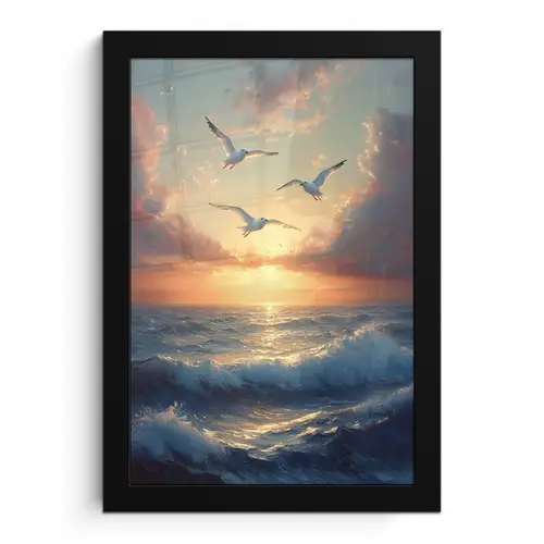 Meeuwen - Zonsondergang - Zee - Wolken fotolijst zwart zonder passe partout klein -3d