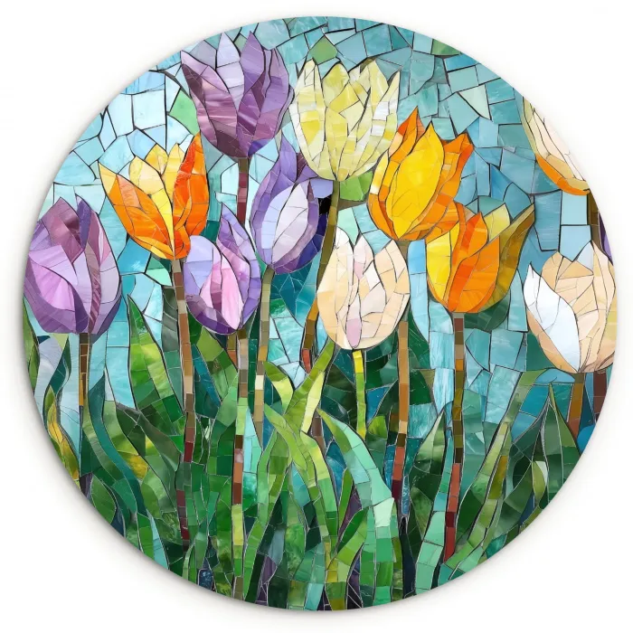 Mozaïek - Veld - Tulpen - Kleurrijk Wandcirkel plexiglas klein -3d