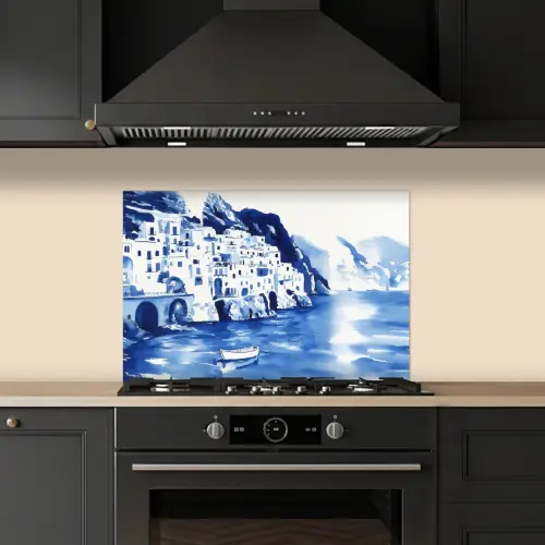 Dorp - Rotswand - Roeiboot - Water keuken achterwand spatscherm klein -sfeer1