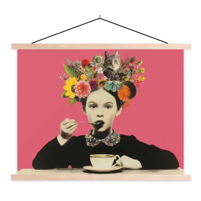 Meisje - Kopje - Bloemen - Roze textielposter latten blank klein -3d