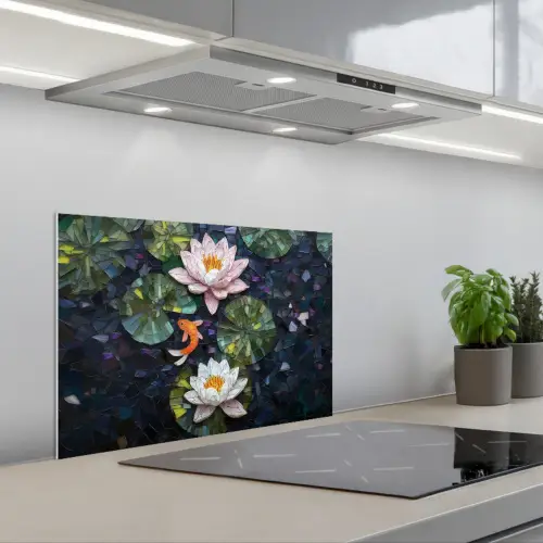 Glasstukjes - Leliebladeren - Vis - Oranje keuken achterwand spatscherm klein -3d_schuin