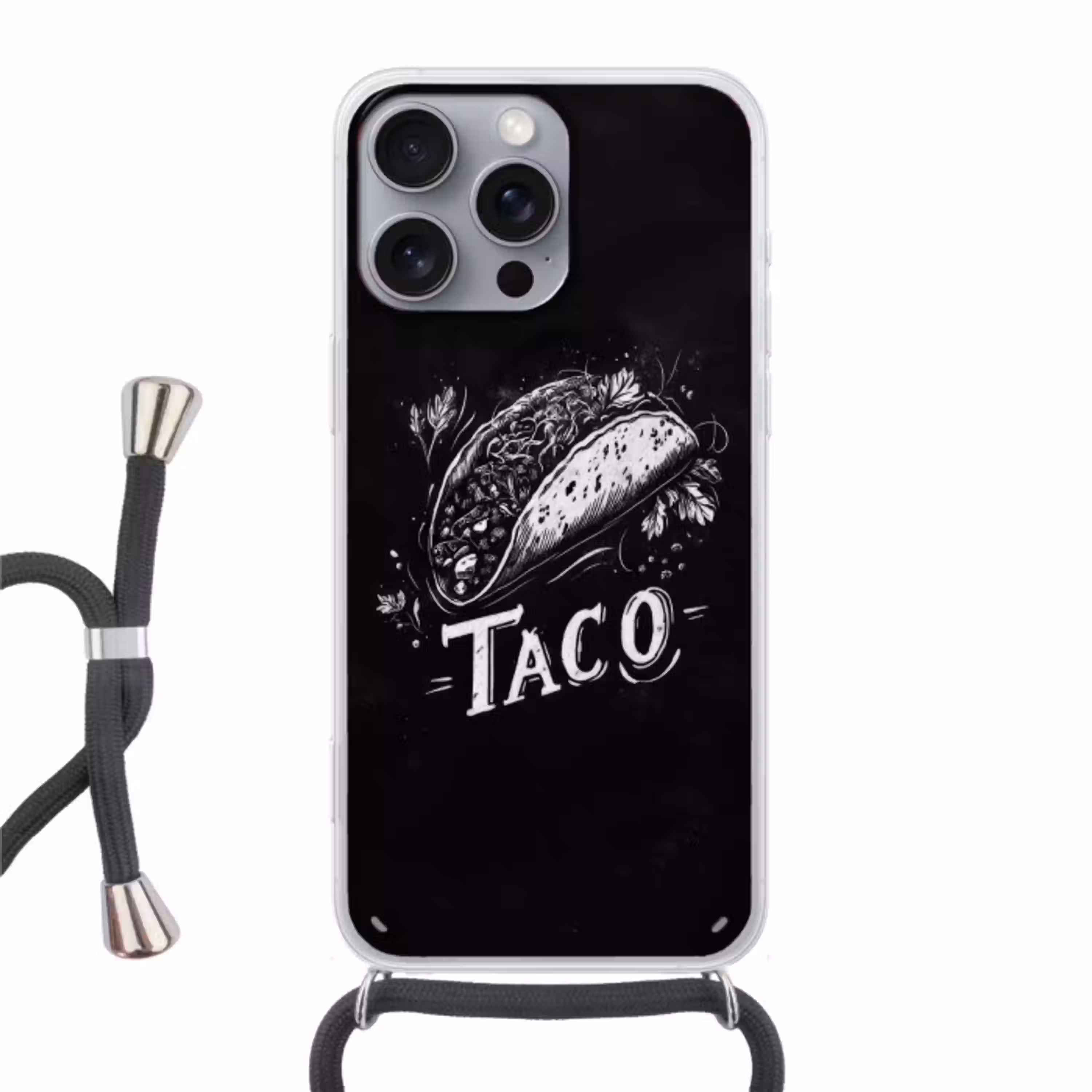 Taco - Kruiden - Witte krijtstijl - Tekst Hoesje iPhone 16 Pro Max met koord klein -3d