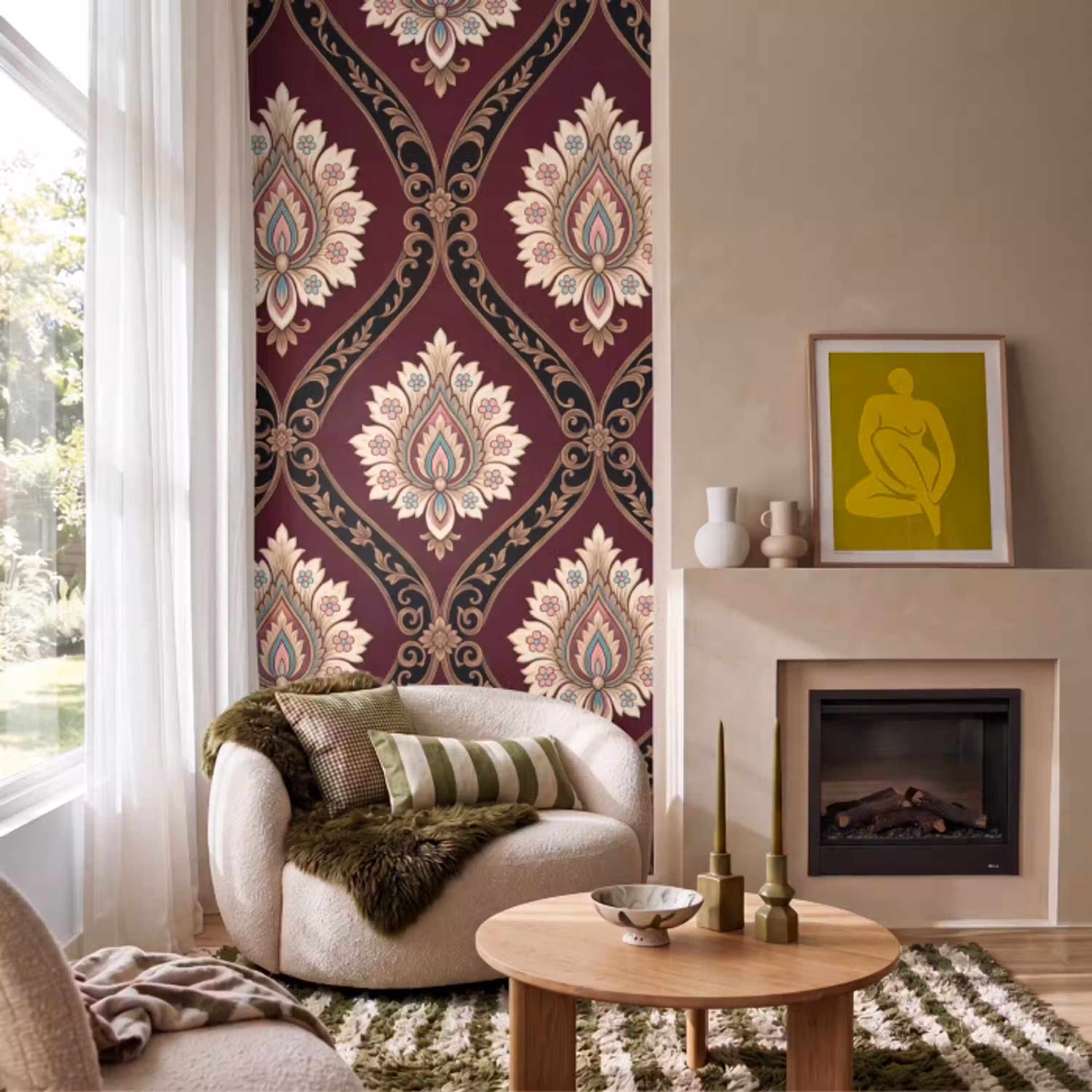 Patroon - Bloemmotief - Decoratie - Klassiek - Rood Behang Vlies klein -sfeer2
