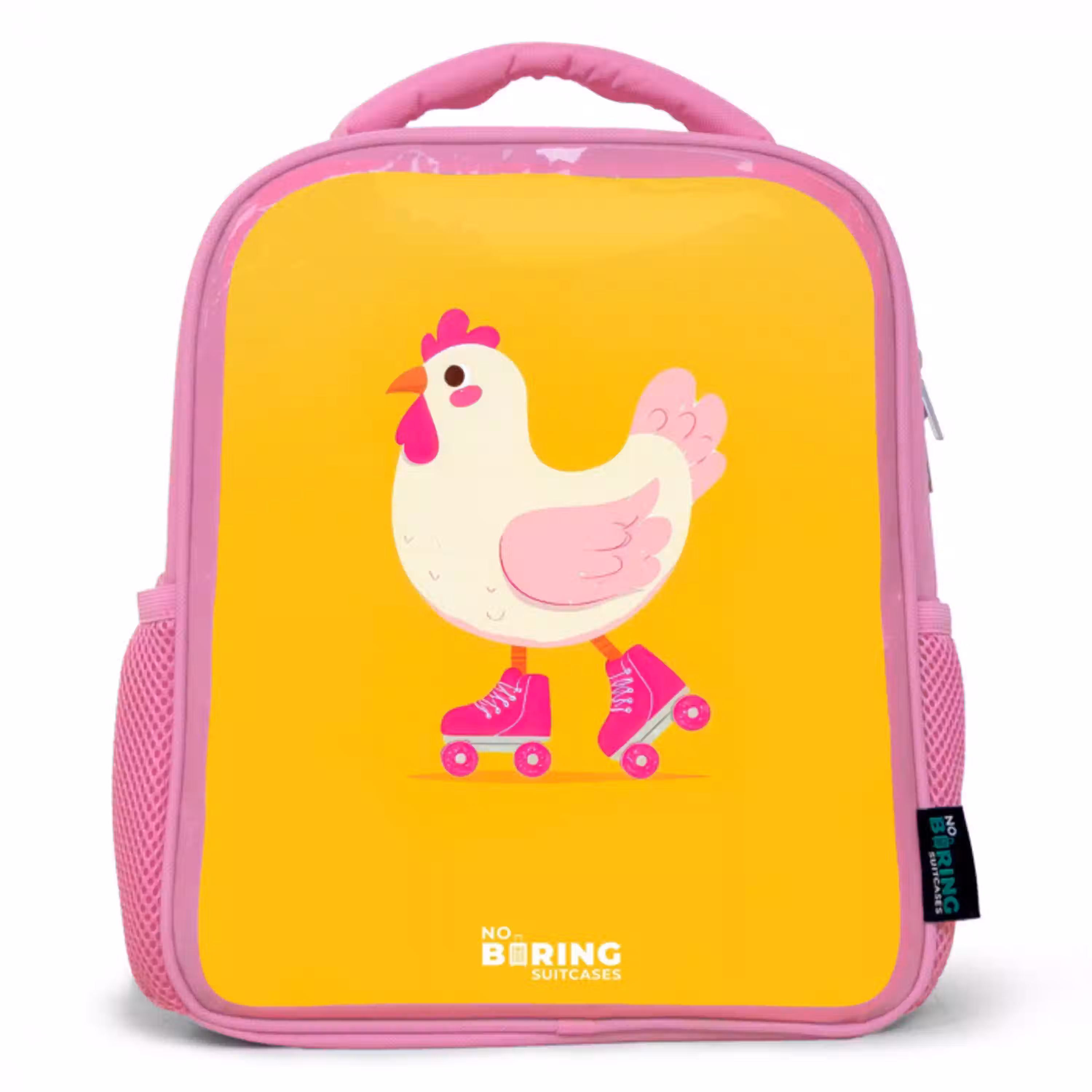 Kip - Rolschaatsen - Geel Kinderrugzak - Roze middel -3d
