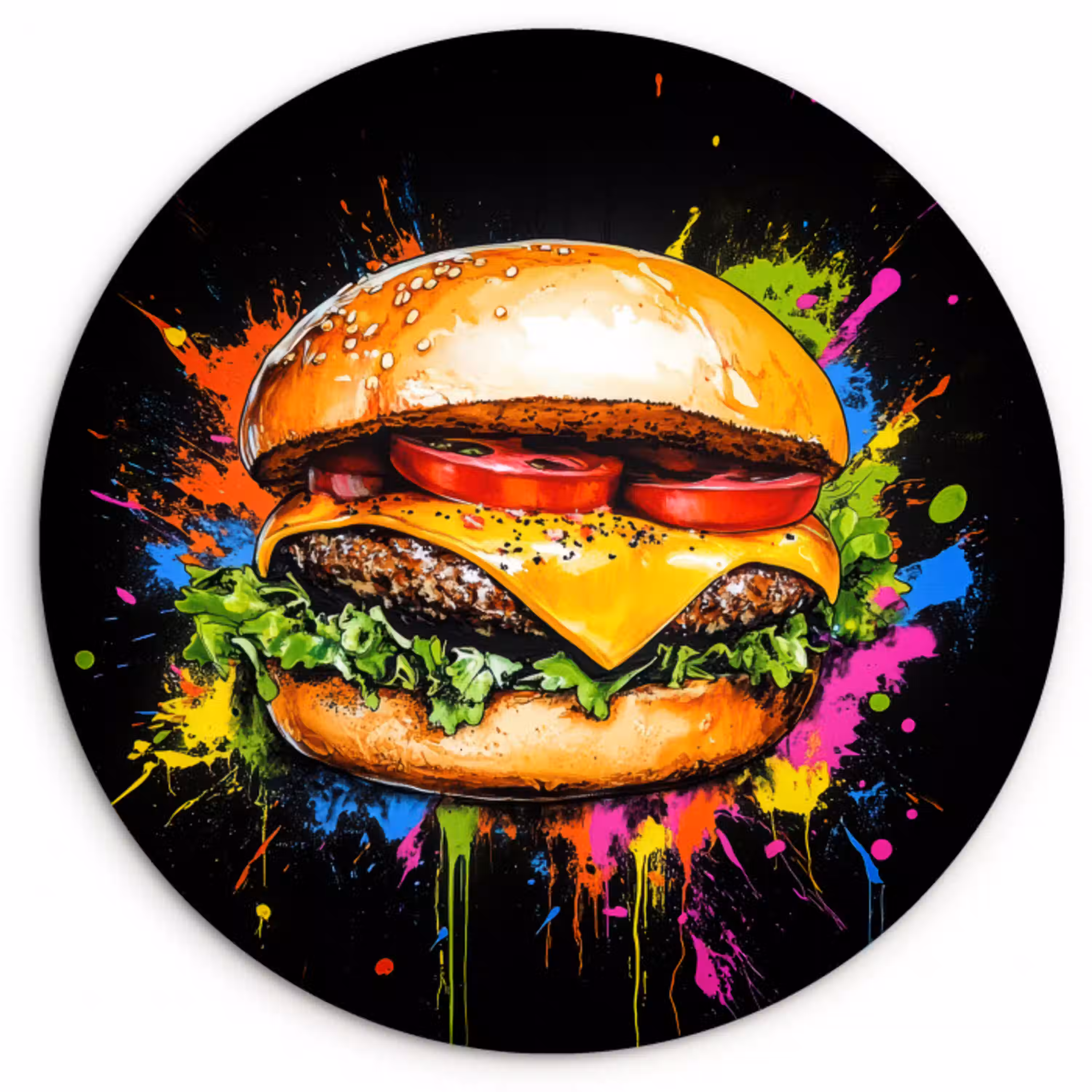 Hamburger - Graffiti - Verf - Kleurrijk - Eten - Abstract Wandcirkel kunststof plaat 5mm dik klein -3d