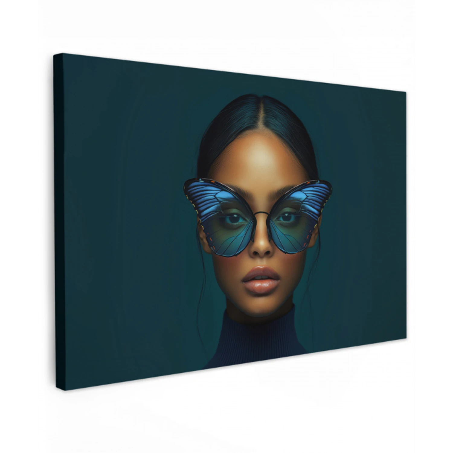 Vrouw - Vlinder - Bril - Blauw - Modern - Portret Tuinposter op houten frame 2 cm dik klein -3d