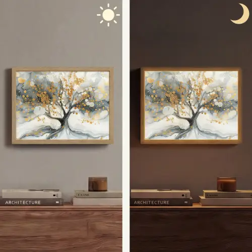Boom - Modern - Abstract - Goud - Zwart - Wit Light Box met batterij (Wandlamp) middel -sfeer3