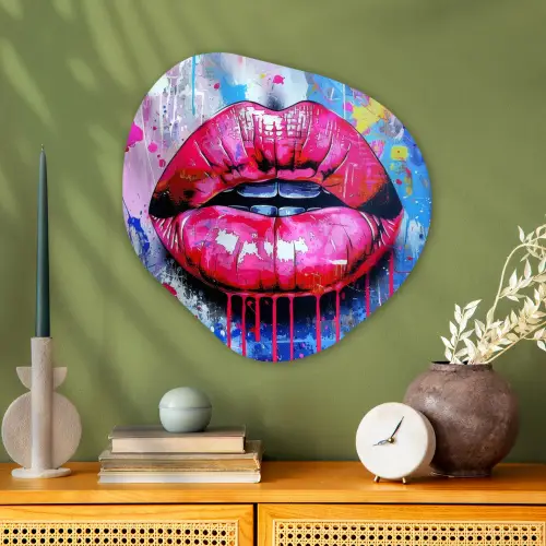 Graffiti - Lippen - Felroze - Geschilderd Wandcirkel Organisch Plexiglas middel -sfeer2