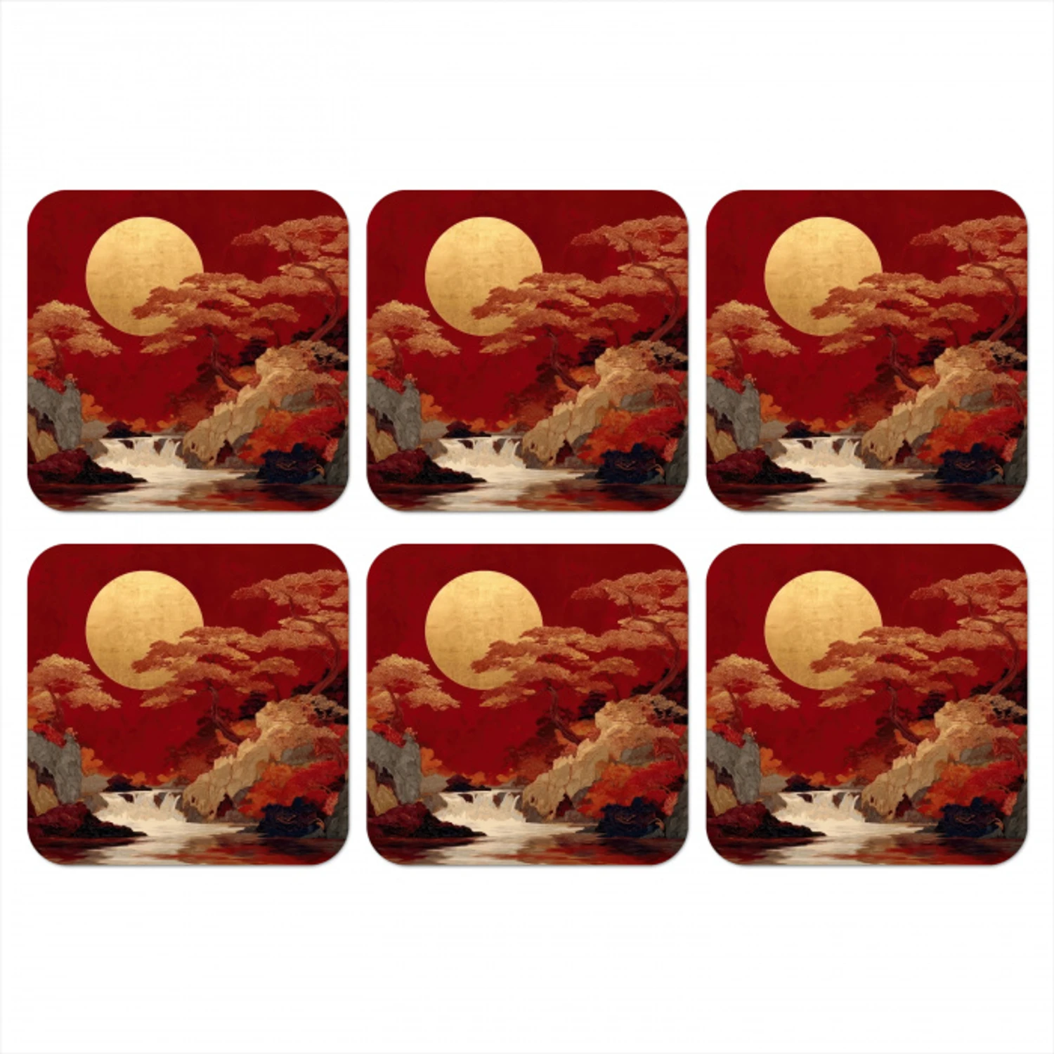Volle maan - Landschap - Waterval onderzetter kurk middel -3d