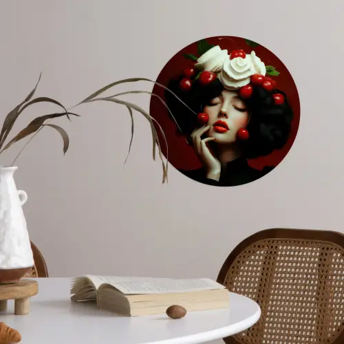 Vrouw - Kersen - Slagroom Wandcirkel behangsticker klein -sfeer3