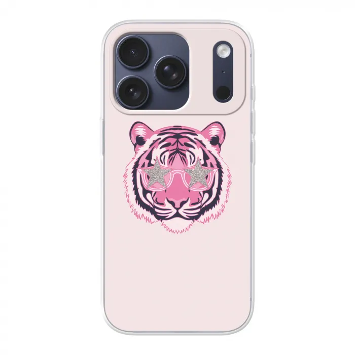 Tijger - Glitterzonnebril - Roze Telefoonhoesje iPhone 17 Pro klein -3d