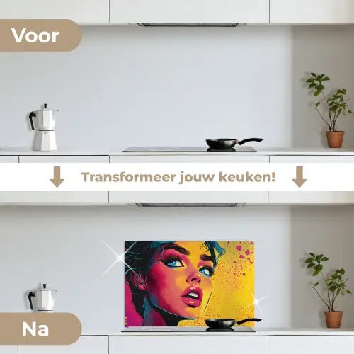 Close-up - Vrouwengezicht - Stippen - Geel keuken achterwand spatscherm klein -voor_na_NL