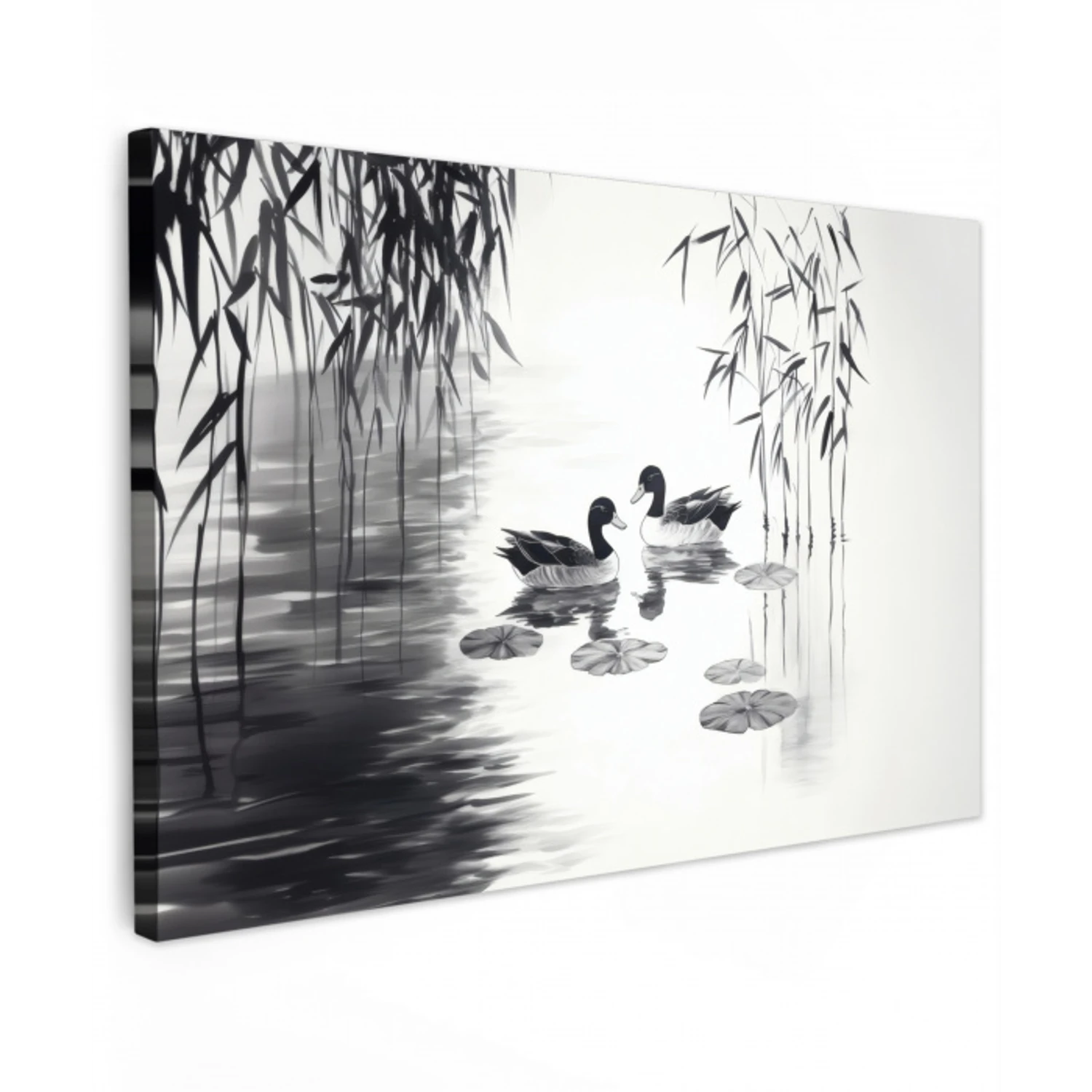 Eenden - Waterlelies - Riet - Zwart Tuinposter op houten frame 2 cm dik klein -3d