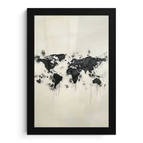 Wereldkaart - Zwart - Inkt fotolijst zwart zonder passe partout klein -3d