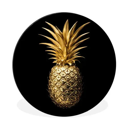 Ananas - Zwart - Goud - Luxe Wandcirkel aluminium klein -3d