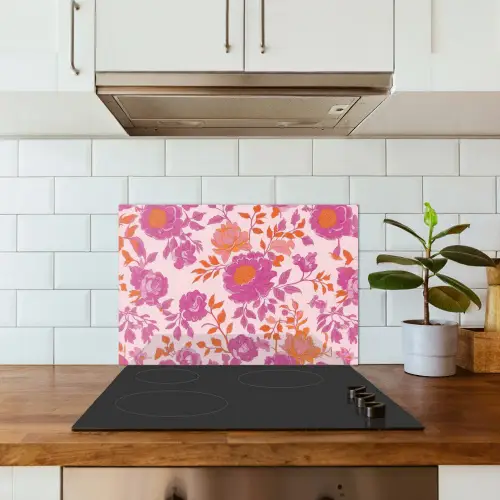 Bloemenpatroon - Roze - Oranje - Bloemen keuken achterwand spatscherm klein -sfeer2
