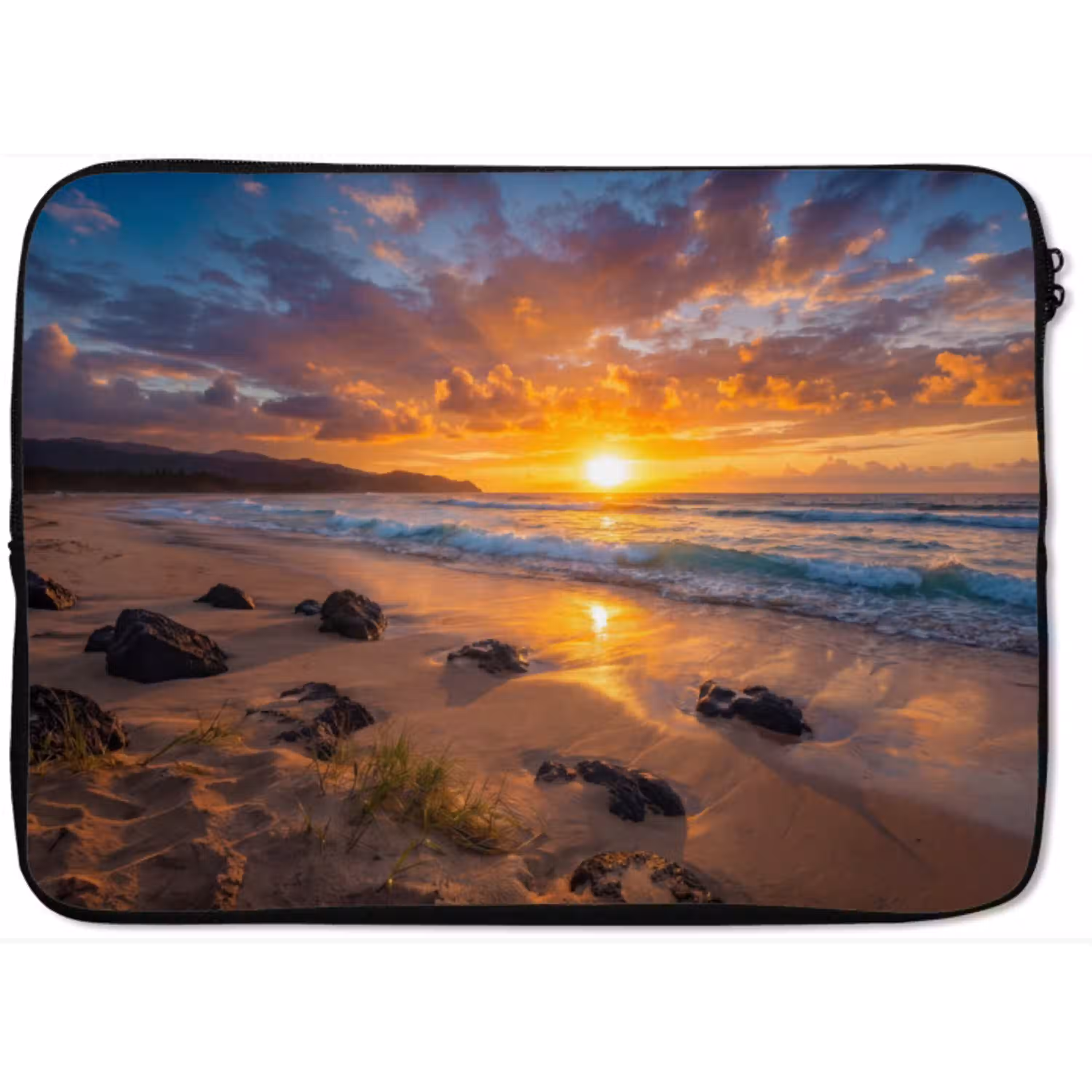 Strand - Zonsondergang - Golven - Natuur - Oranje laptophoes neopreen klein -zkaufland3dotto