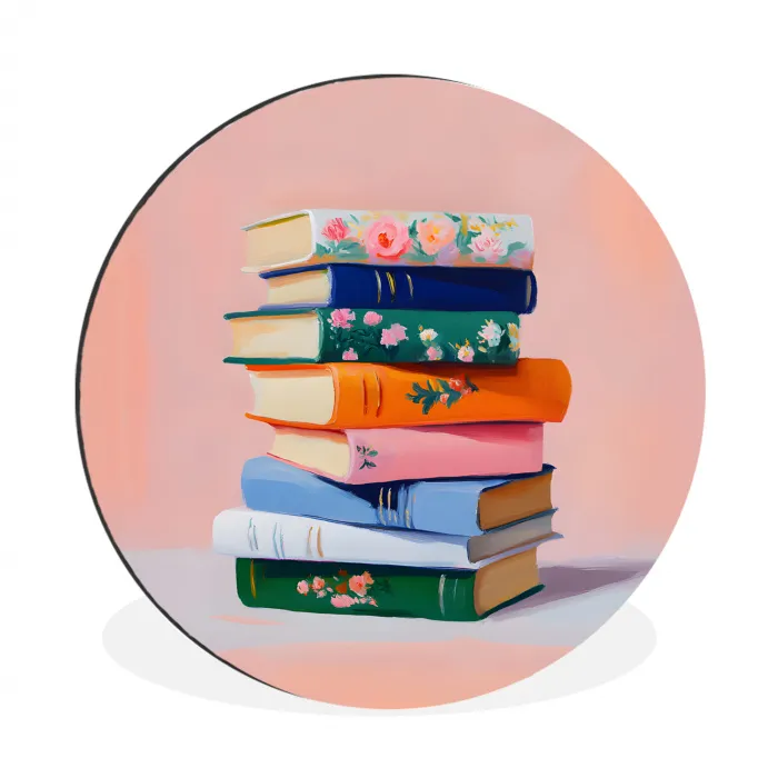 Boeken - Stapel - Kleurrijk Wandcirkel aluminium klein -3d