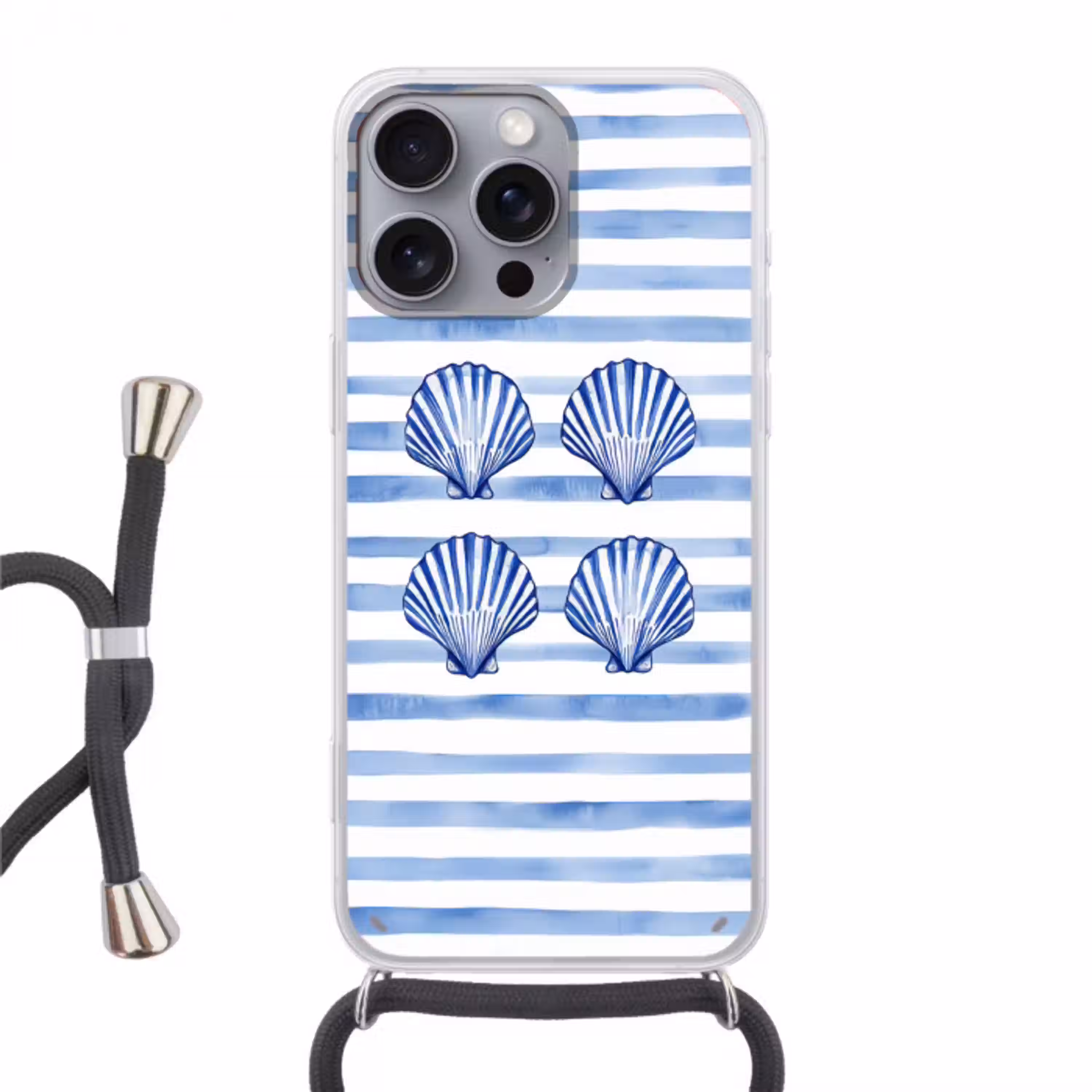 Vier schelpen - Blauw - Wit - Strepen Hoesje iPhone 16 Pro Max met koord klein -3d