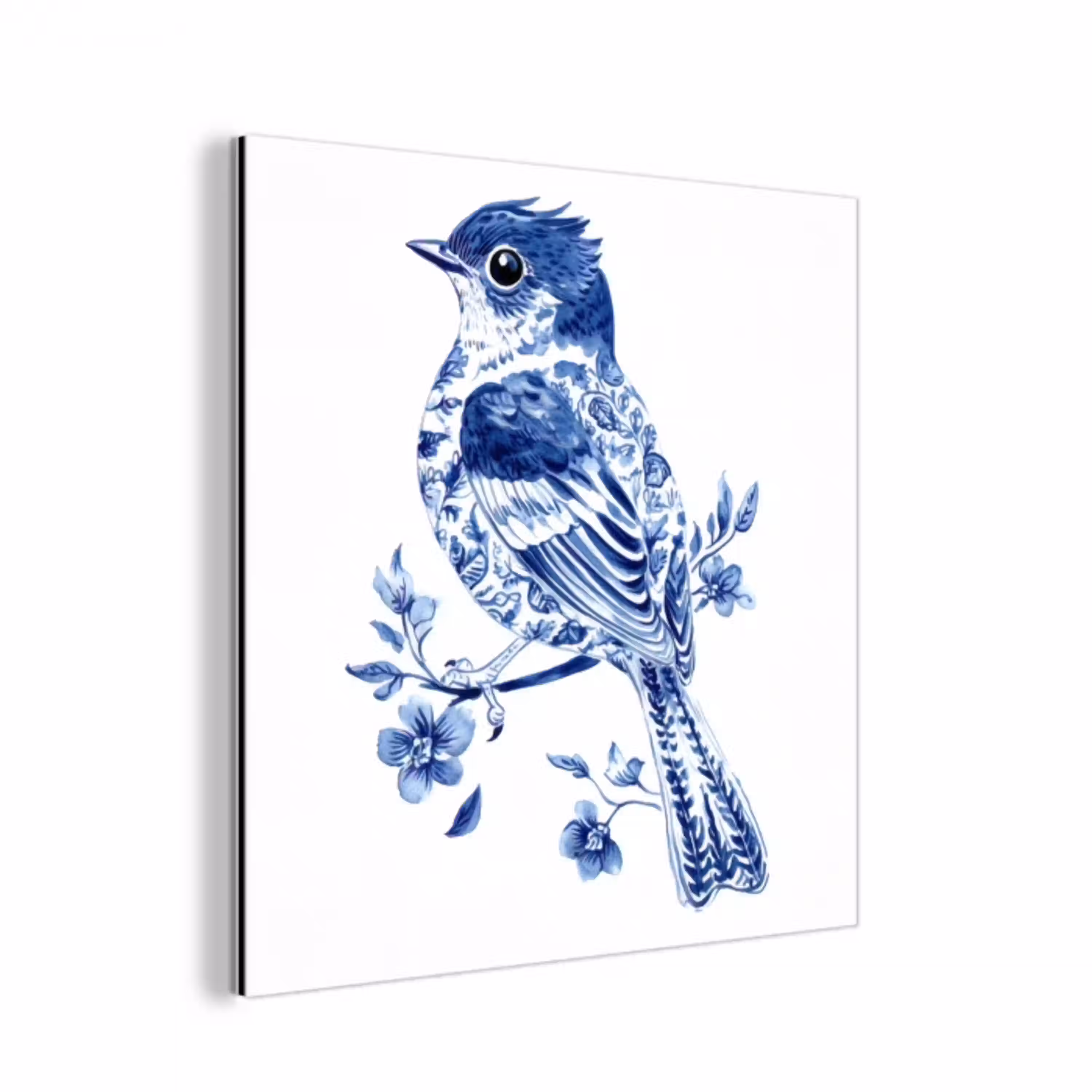 Vogel - Delfts blauw - Illustratie - Bloemen aluminium wit klein -3d