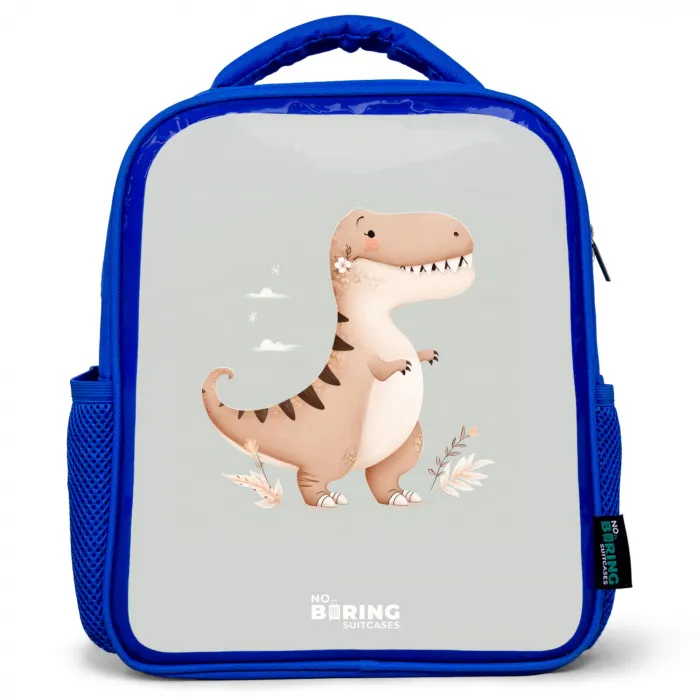 Dino in beige en grijze kleuren Kinderrugzak - Blauw middel -3d