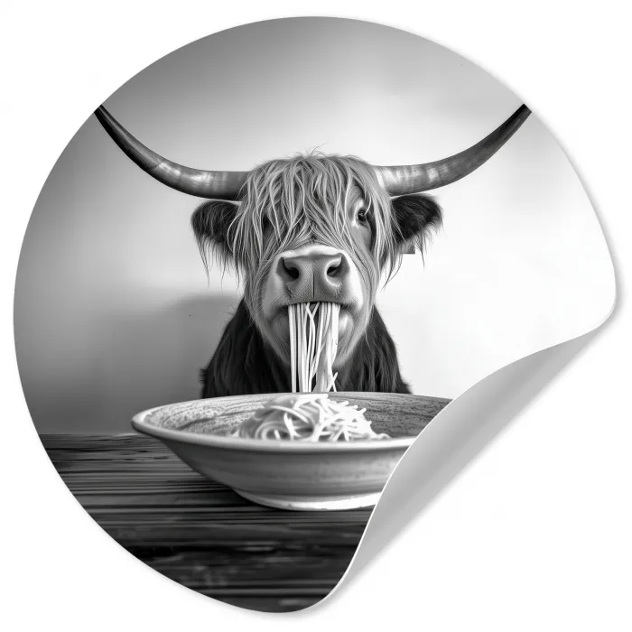 Schotse Hooglander - Spaghetti - Dieren - Zwart wit Wandcirkel behangsticker klein -3d